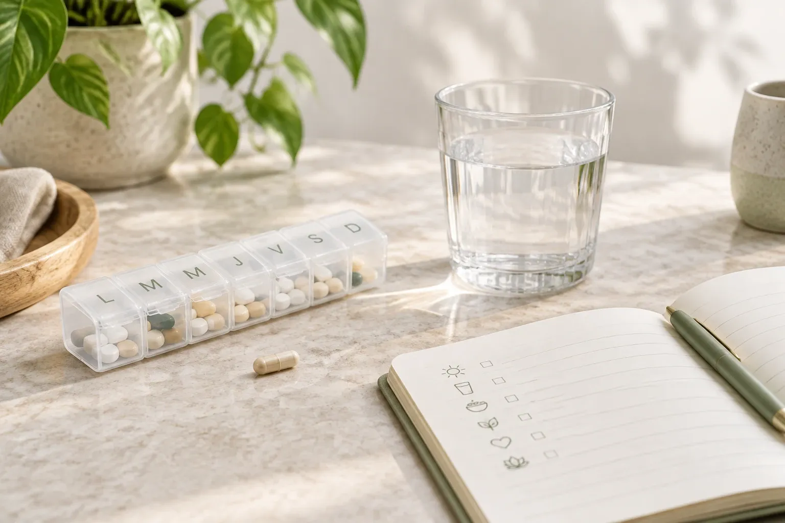 Pilulier hebdomadaire, verre d’eau et carnet de routine du matin sur une table claire