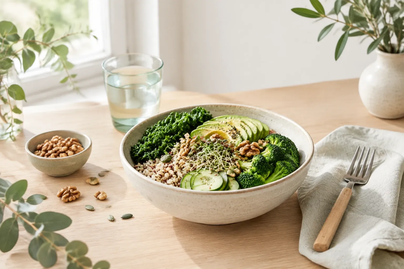Komkommers, avocado, broccoli, boerenkool en walnoten in voedzame graanschaal