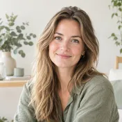 Portret van een vrouw van rond de dertig met schouderlang bruin haar en een groene trui, in zacht daglicht