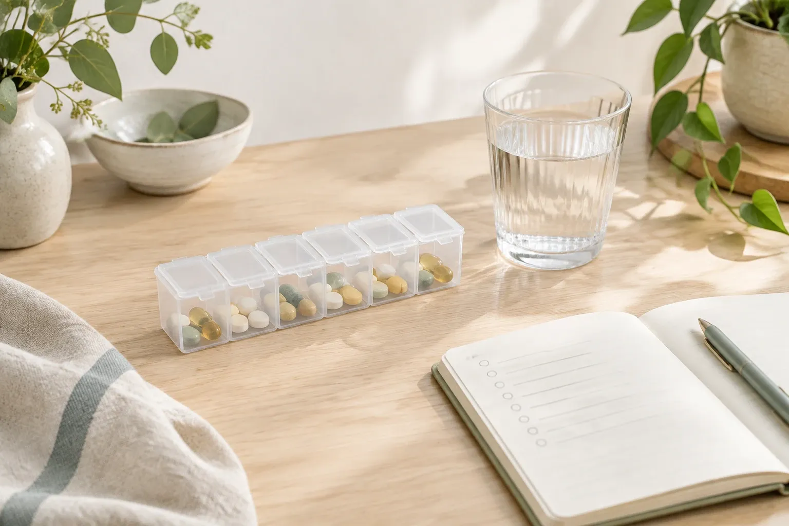 Weekdoosje met supplementen per dag, glas water en open notitieboek op tafel