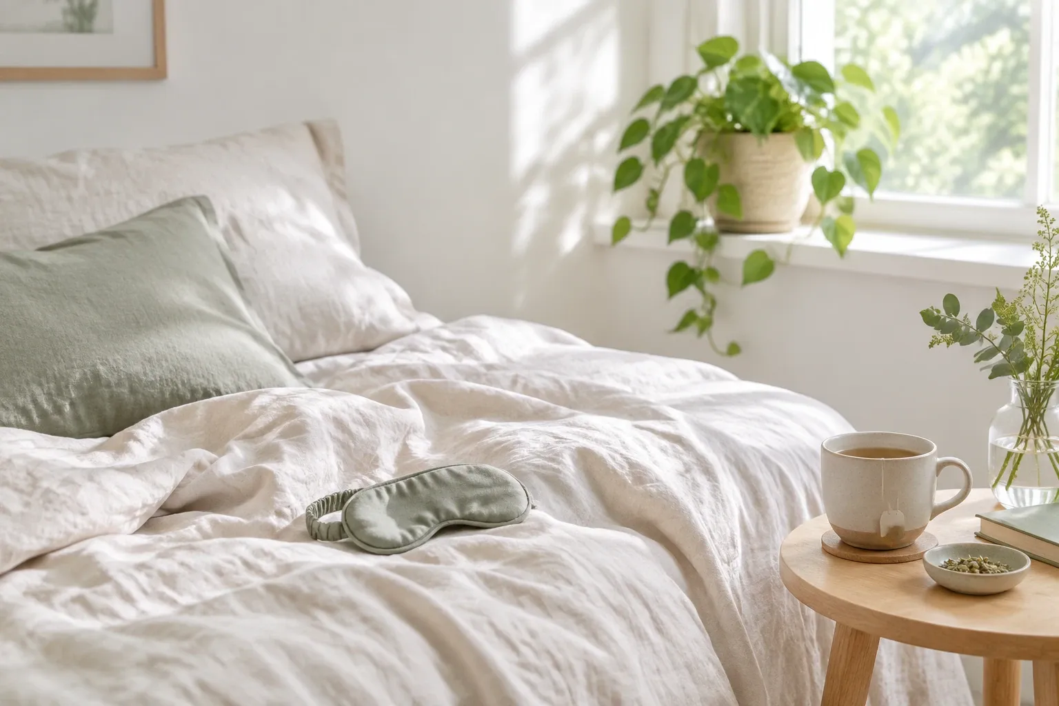 Licht slaapkamerinterieur met opengeslagen dekbed, slaapmasker op bed en kopje op nachtkastje